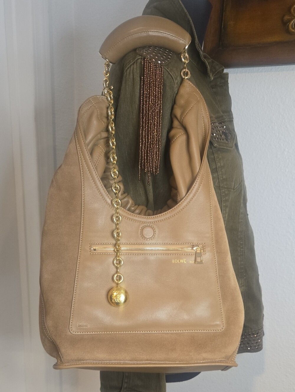 Loewe Camel Tan Leather & Suede Hobo with Gold Chain